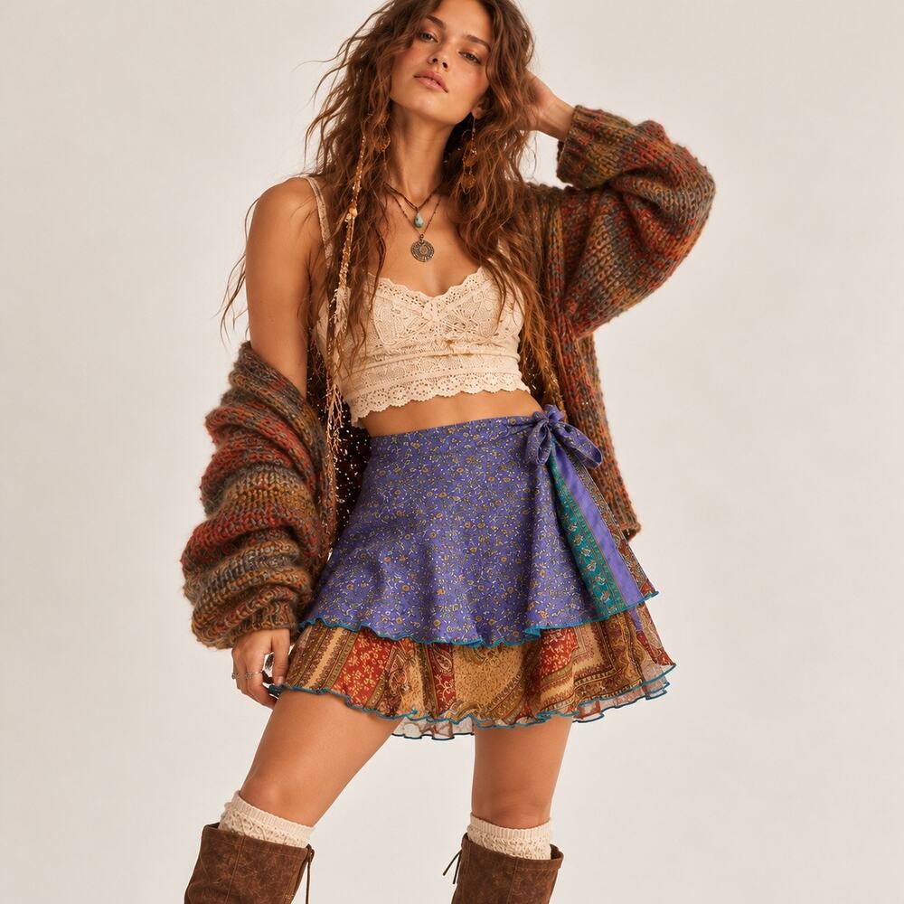 Wevez Silk Blend Floral Paisley Wrap Mini Skirt Purple Boho XS Fairycore Y2K